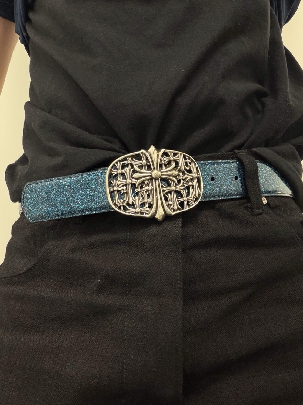 Glitter Blue Women’s Belt with Ornate Silver Buckle